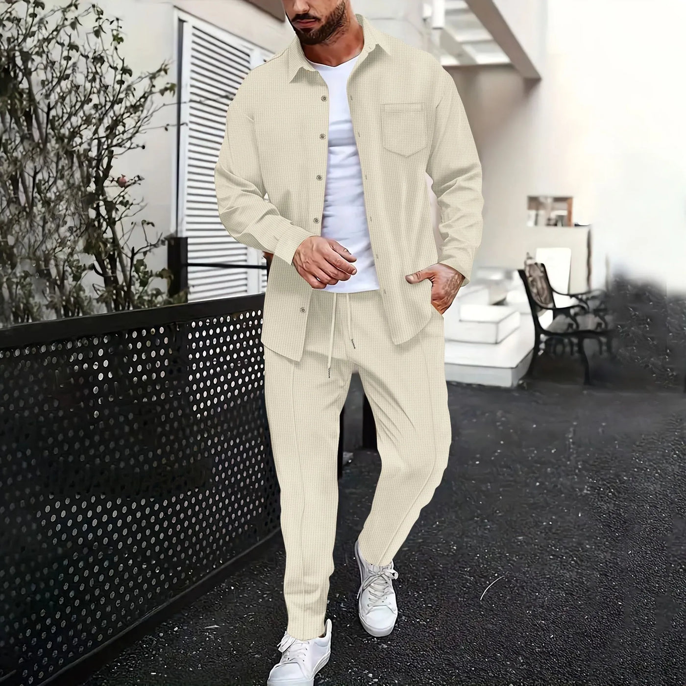 2025 Spring and autumn new men's daily casual waffle cardigan long-sleeved shirt two pants suit