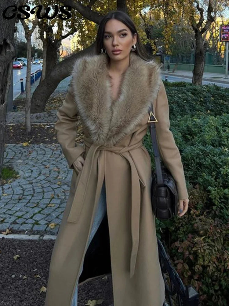 Elegant Fur Lapel Long Coat Women With Belt Woolen Full Sleeve Lace Up Loose Thicken Overcoat 2025 Spring Solid Pocket Outwear