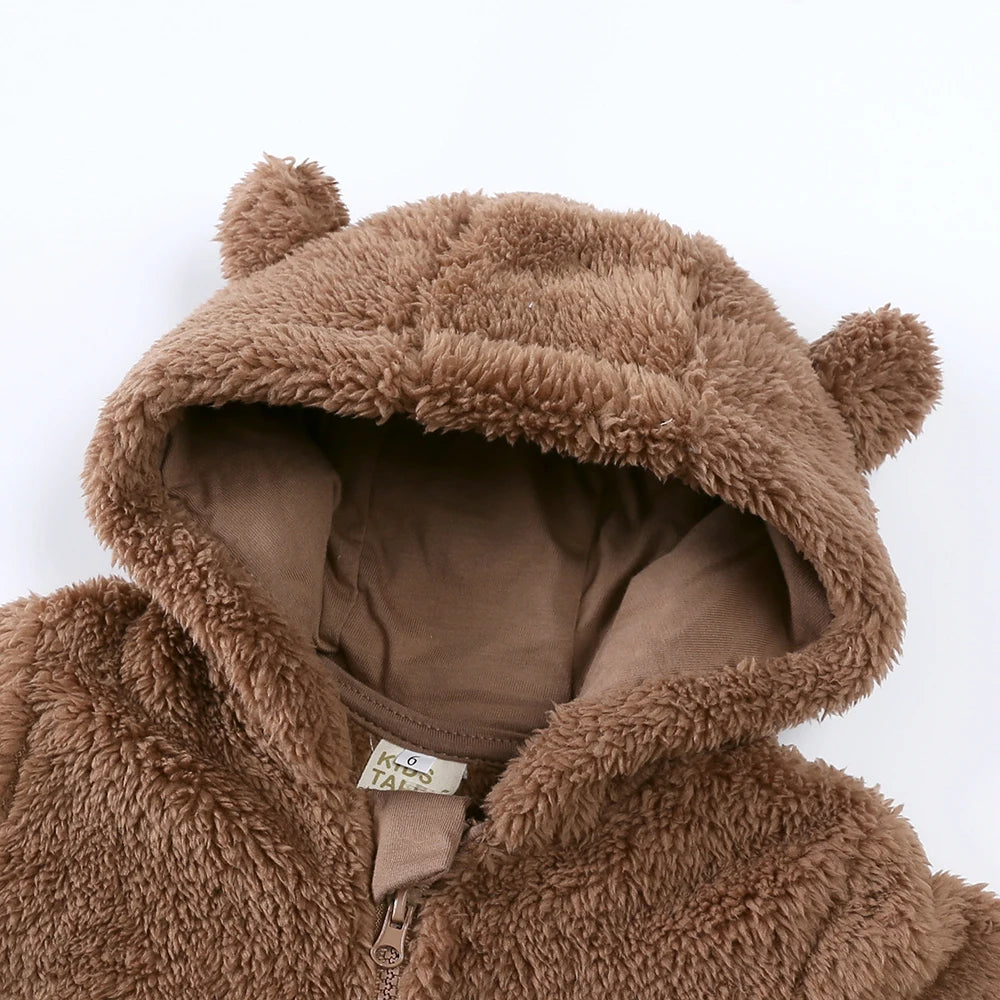 2025 Baby Winter Thick Romper Cotton Warm Long Sleeve Girl Jumpsuit Clothes 0-24M Newborn Boy Bear Fleece Hooded Pyjamas