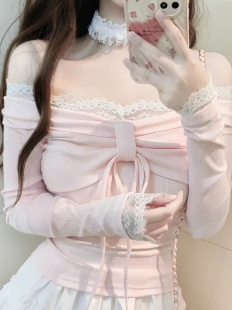 Design Sweet Off Shoulder Pink T-Shirts Women Elegant Kawaii Slim Long Sleeve Lace Tops Female Fashion Lovely Skinny Outfits New