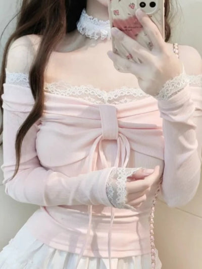 Design Sweet Off Shoulder Pink T-Shirts Women Elegant Kawaii Slim Long Sleeve Lace Tops Female Fashion Lovely Skinny Outfits New
