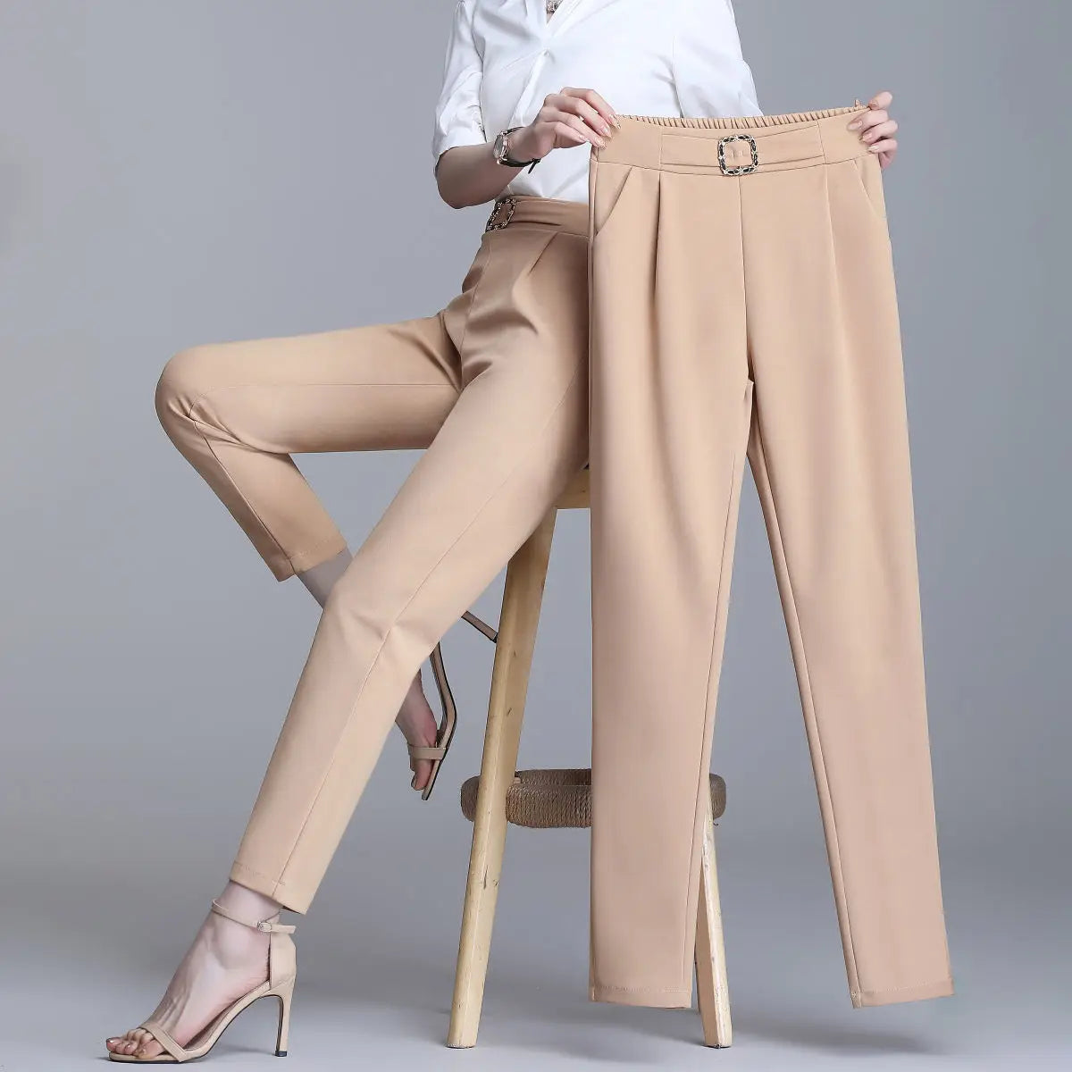 Elegant High Waist Elastic Harem Pants for Women Commuter Casual Capri Pants Fashion Solid Color Pockets Sashes Trousers 4XL