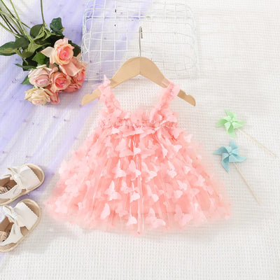 (0-3 Years) Summer New Baby Girls Dress Solid Color Halter Butterfly Embellished A-Line Skirt Mesh Sweet Princess Dress