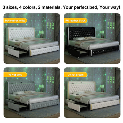 Queen LED Bed Frame with Galaxy Projector, Bluetooth Speaker, USB Ports, 4 Drawers, No Box Spring Needed, PU Black