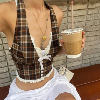 WhereMery French Style Retro Slim Halter Top Y2K Lace Backless Sleeveless V-neck Ruffle Camisole Summer Sexy New Women‘s Clothes