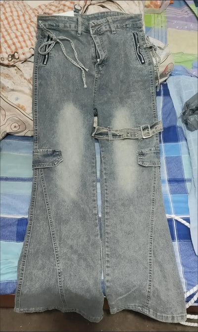 Y2K Patchwork Cargo Jeans Women High Waist Flared Denim Pants Buckle Strap Lace-Up Design Streetwear Retro Bell Bottom Trousers