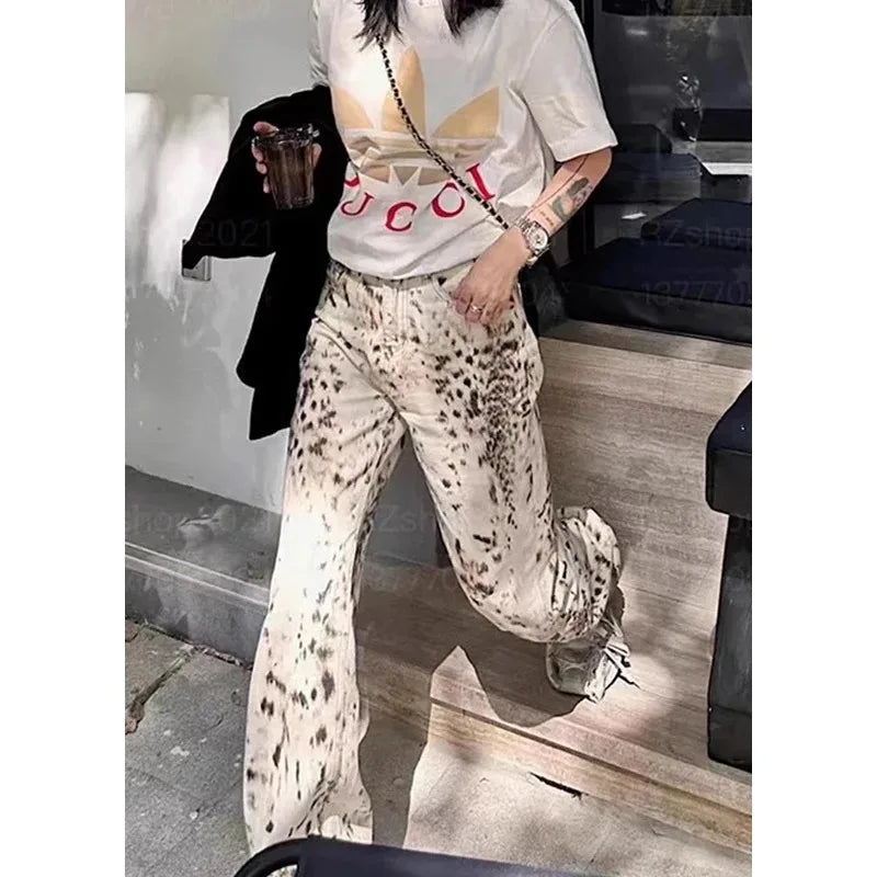 Leopard Print Straight Wide Leg Jeans Women High Waisted Retro Jeans Streetwear Y2k Vintage Pants High Street Denim Trousers