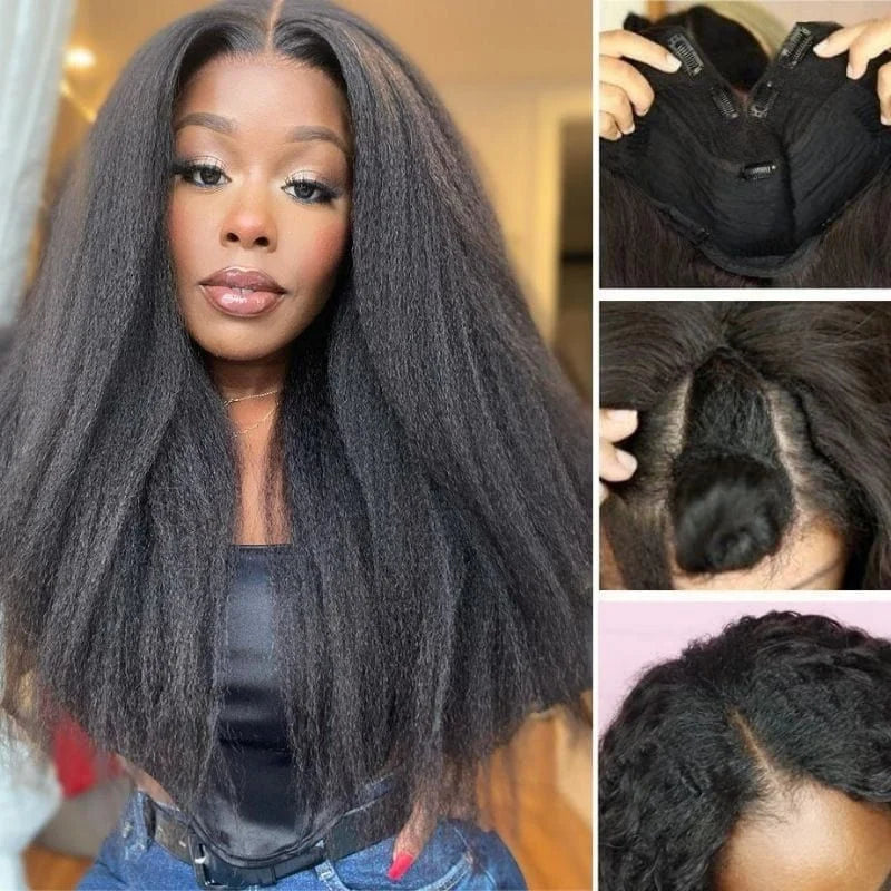 Kinky Straight 3 In 1 Half Wigs 100% Human Hair Brazilian Glueless Seamless Flip Over Yaki Straight V Part Wig Beginner Friendly