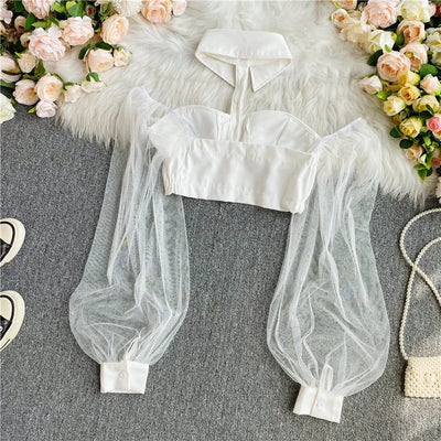 Autumn 2024 Women's Short Shirts Exposed Navels  fashion Sexy Slim Versatile Personalized hanging Neck  Off Shoulder Tops