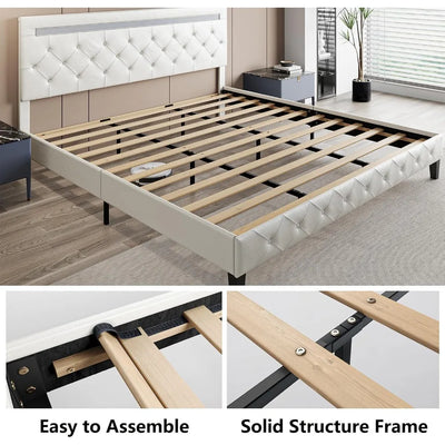 Bed Frame with LED Lights, Upholstered Platform Bed Frame, Adjustable Headboard with Charging Station, Wooden Slats Support