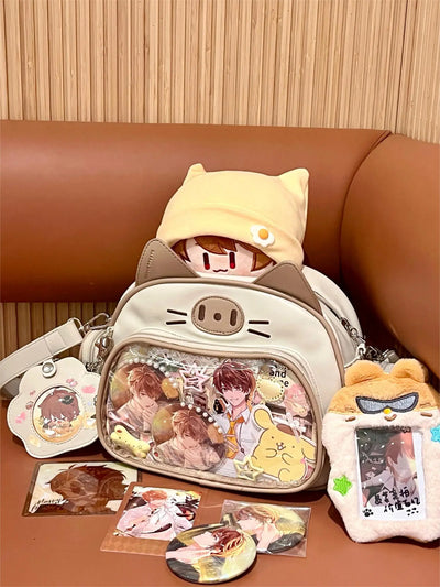 JIAERDI Kawaii Cat Ita Bag Lolita Y2K Backpack Female Cute PU Shoulder Bag Girl Transparent Pocket Harajuku Crossbody Bag Women