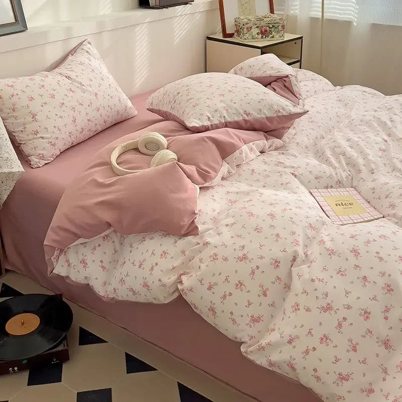 Green Floral Bedding Set Twin Full Queen Size Duvet Cover for Girls Flat Sheet Pillowcase Washed Cotton Home Linens