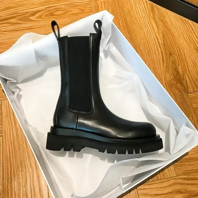 Botas clásicas Chelsea para mujer, Botines negros con plataforma de cuero genuino, botas cortas sin cordones y banda elástica,