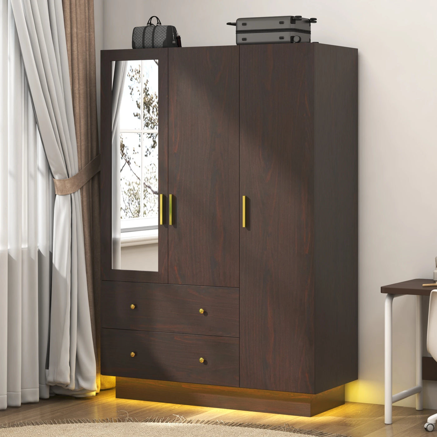 Modern Wooden Armoire Wardrobe Closet with Hanging Rod for Bedroom, 3 Door Wardrobe Closet with Mirror & LED Lights,White
