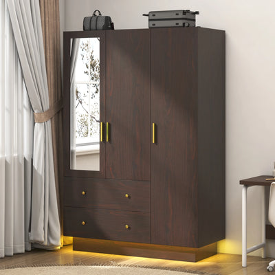 Modern Wooden Armoire Wardrobe Closet with Hanging Rod for Bedroom, 3 Door Wardrobe Closet with Mirror & LED Lights,White