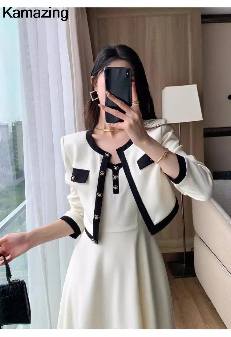 Elegant Solid Midi Dress 2 Piece Set Office Lady Chic Suit Spring Short Jacket Sleveless A-line Dresses Outfits Korean Clothes