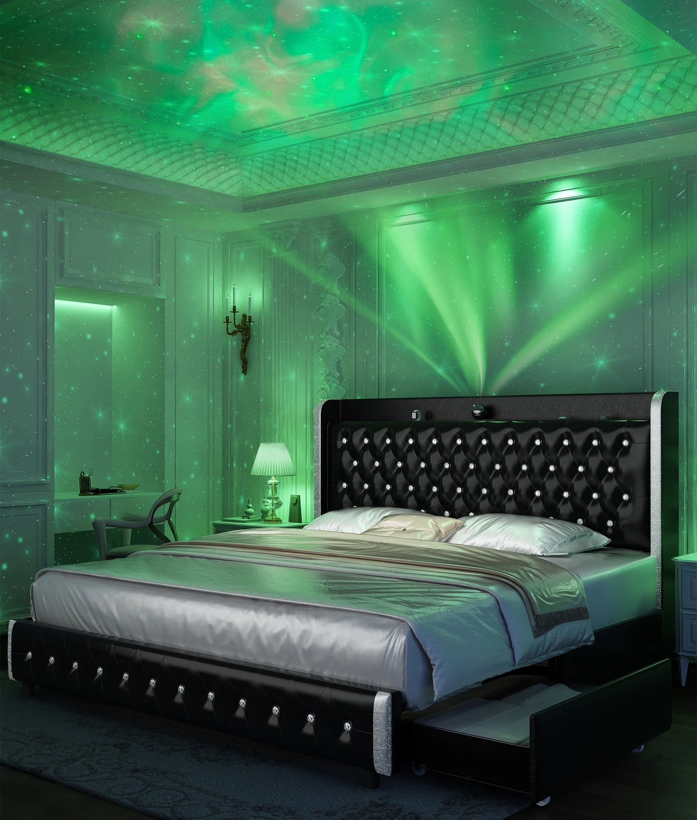 Queen LED Bed Frame with Galaxy Projector, Bluetooth Speaker, USB Ports, 4 Drawers, No Box Spring Needed, PU Black