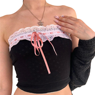 Xingqing y2k Off Shoulder Top Women Fairy Grunge Clothes Summer Sleeveless Lace Trim Patchwork Strapless Tshirt 2000s Streetwear