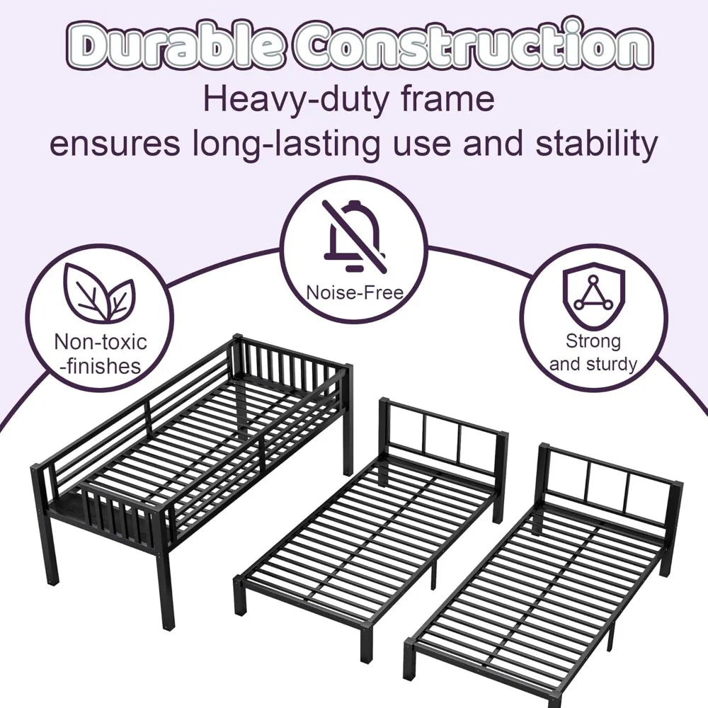 Triple Bunk Bed with LED Lights,Metal Bunk Beds Convertible to 3 Beds with Charging Station,Heavy Duty Bunk Bed Frame