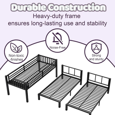 Triple Bunk Bed with LED Lights,Metal Bunk Beds Convertible to 3 Beds with Charging Station,Heavy Duty Bunk Bed Frame