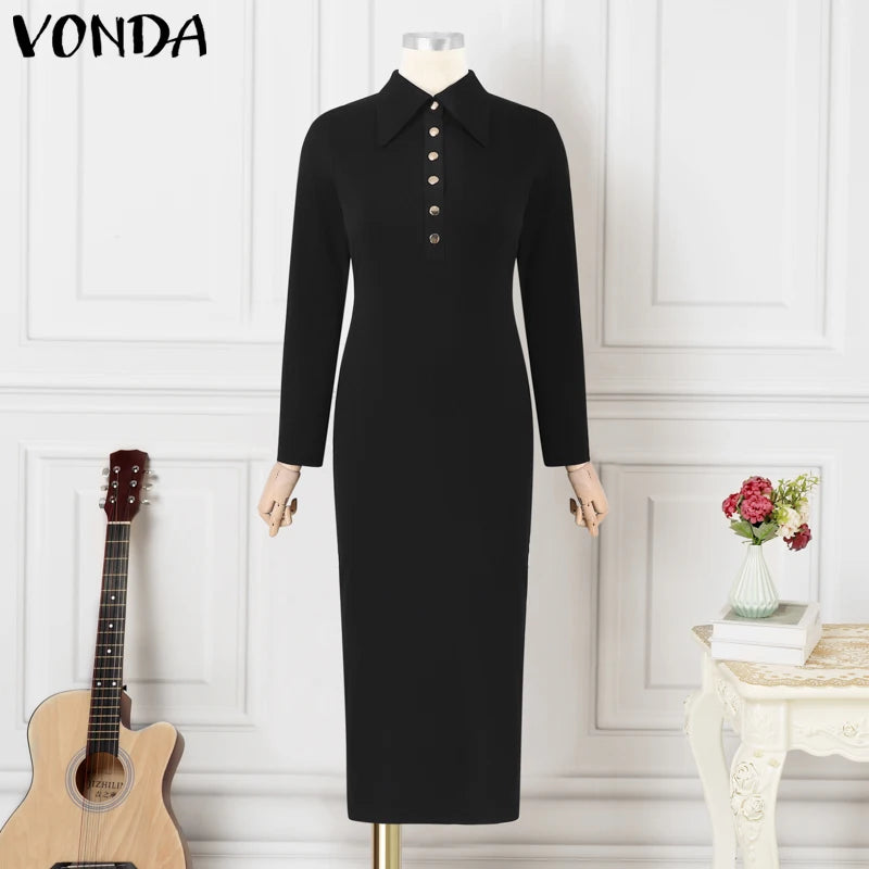 Plus Size 5XL VONDA 2025 Women Knitted Dress Sexy Long Sleeve Split Long Dress Lapel Collar Sundress Casual Robe Solid Vestidos