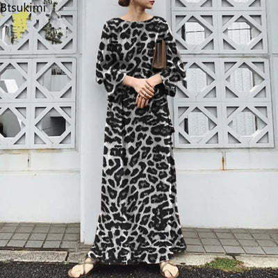 2025 Fashion Leopard Printing Maxi Dress Women's Spring Sundress Elegant Casual Long Sleeve Vintage Long Dresses Vestidos Female