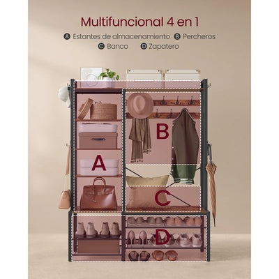 Hall Tree with Bench, Shoe Storage, Coat Rack, 5 Shelves, 9 Coat Hooks, 6 Side Hooks, 140 x 120 x 190 cm