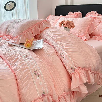 2025 Korean Princess Style Lace Ruffles Wedding Bedding Set Washed Cotton Soft Duvet Cover Set Bed Sheet Pillowcase 3/4Pcs