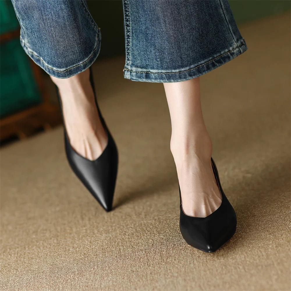 plus size 34-42 women's genuine leather 4.5cm kitten heel pointed toe slip-on pumps elegant ladies low heeled shoes