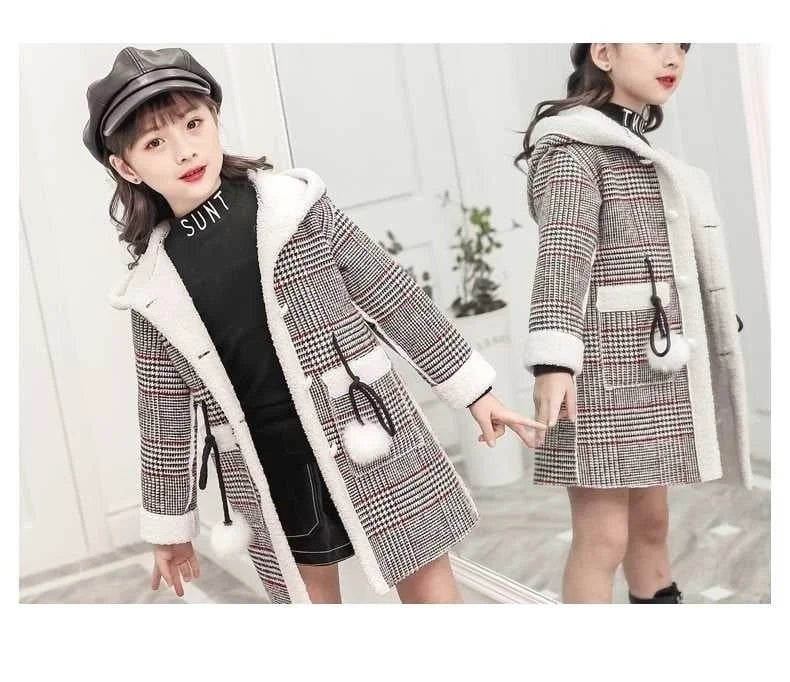 Autumn Winter Girls Hairy Coat Fashion Design Long Coat for Girls Kids Outerwear Grid Pattern Warm Winter Jacket Coats 4-12T