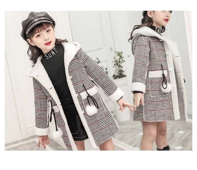 Autumn Winter Girls Hairy Coat Fashion Design Long Coat for Girls Kids Outerwear Grid Pattern Warm Winter Jacket Coats 4-12T
