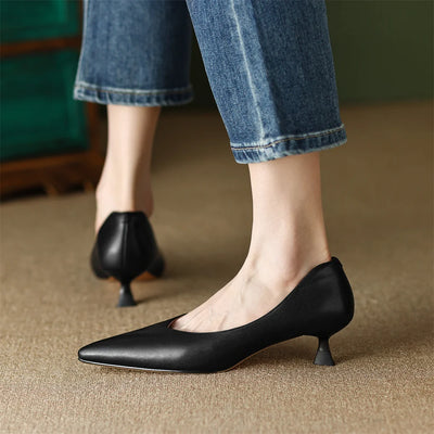 plus size 34-42 women's genuine leather 4.5cm kitten heel pointed toe slip-on pumps elegant ladies low heeled shoes