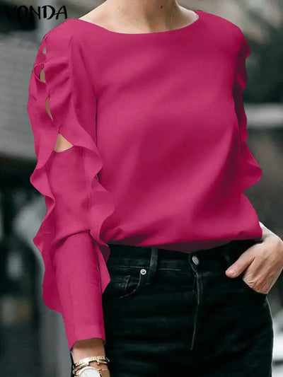 Plus Size 5XL VONDA Autumn Elegant Solid Blouse Fashion Top Women 2024 Ruffled Long Sleeve Hollow Out Casual Loose Shirts Blusas