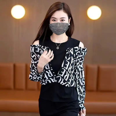 Fake Two Pieces Chiffon Silk Blouse for Women Off Shoulder Top Cool Blue Stripe Cotton Satin Shirt Woman Particular Trends Youth