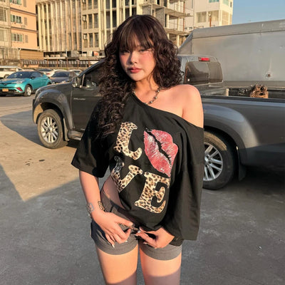 Y2k Letter Diagonal Shoulder Punk T-shirt Gothic Short-sleeved Female Harajuku Summer Street T-shirt Aesthetic Sexy Crop Top