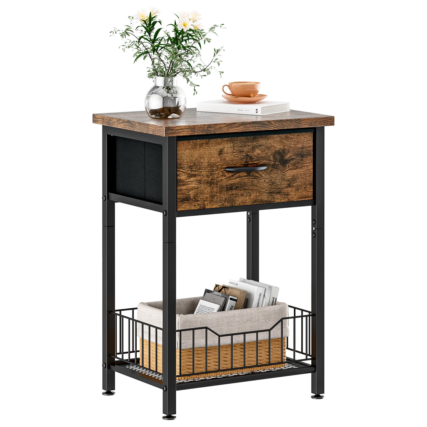 Bed Side Table with Adjustable Fabric Drawer Night Stand for Bedroom 3-Tier Storage End Table for Living Room