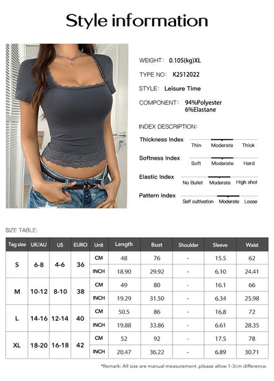 2025 Women T-Shirt Tops Spring Summer Tops Women's Y2K Sexy Solid Color U-Neck Lace Splicing Short Sleeve T-Shirt Street Wear