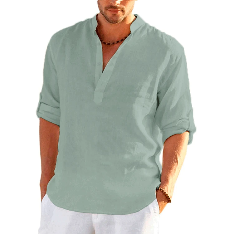 Men Cotton Linen T-shirts Summer V Collarless Long Sleeve Solid Sand Beachwear Office Man Tee Shirt Tops BSDFS-ZT167
