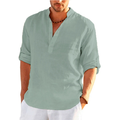 Men Cotton Linen T-shirts Summer V Collarless Long Sleeve Solid Sand Beachwear Office Man Tee Shirt Tops BSDFS-ZT167