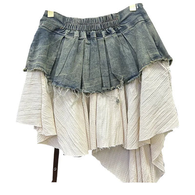 Retro Spliced Denim Pleated Skirt for Women Summer New Temperament Hot Girl Fashionable High Waist A-line Skirt