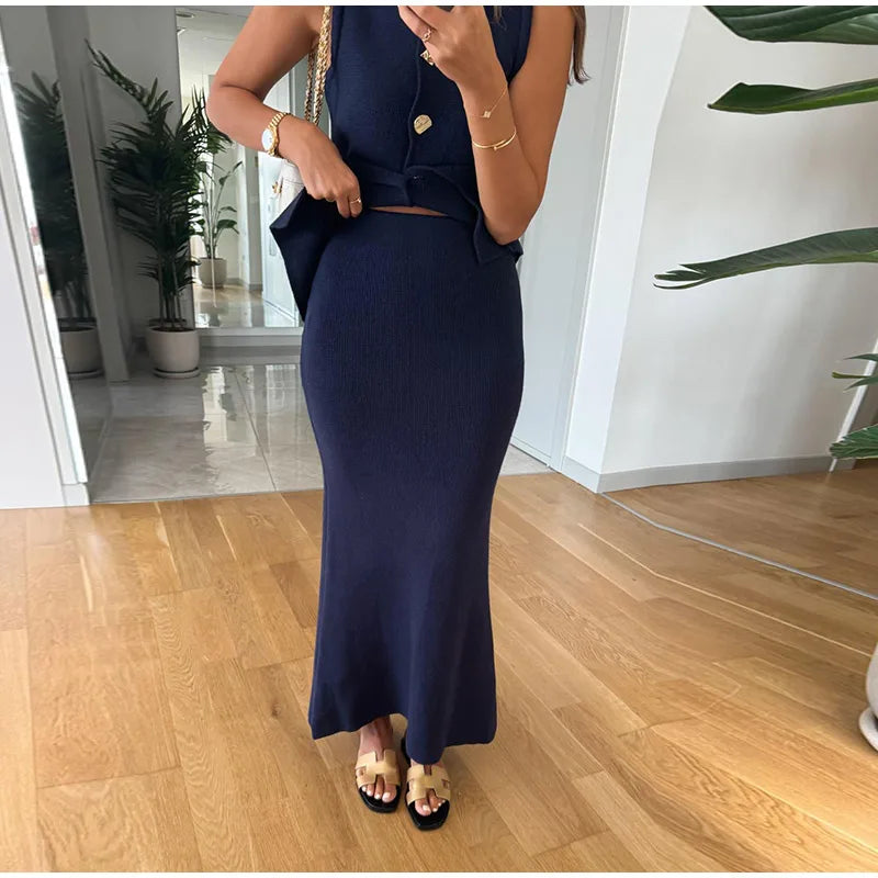 Single Breasted Knit Vest Mermaid Dress Woman Set O-Neck Split Sleeveless Top Solid Color Slim Long Dresses Casual Women Sets