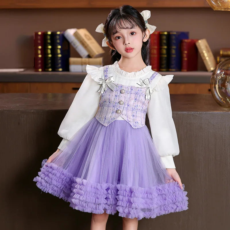 Young Girl Spring  Autumn 2025 New Style Pink Casual Dress Birthday Party Dresses for Girls Purple Fluffy Dress 2-10 Years Old