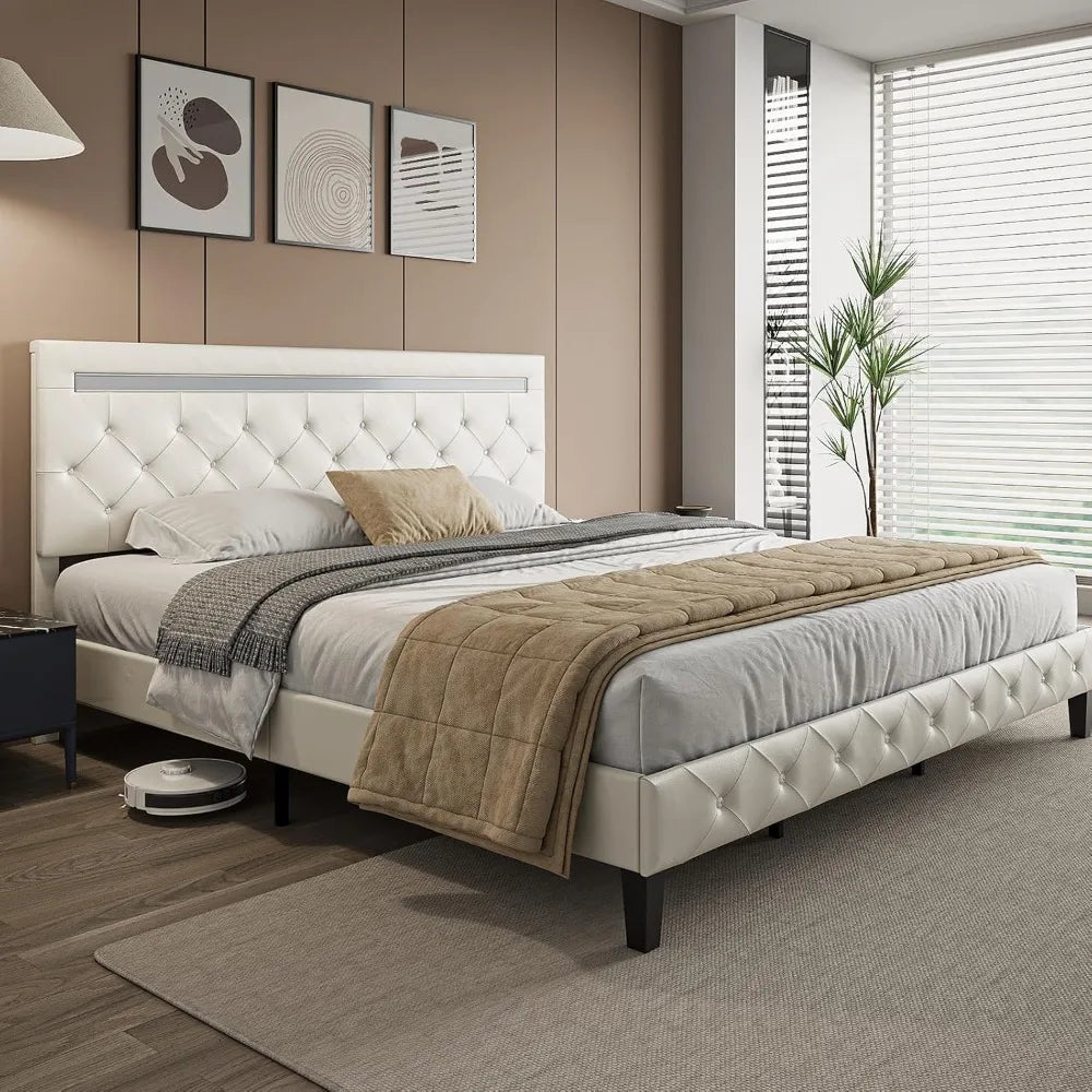 Bed Frame with LED Lights, Upholstered Platform Bed Frame, Adjustable Headboard with Charging Station, Wooden Slats Support