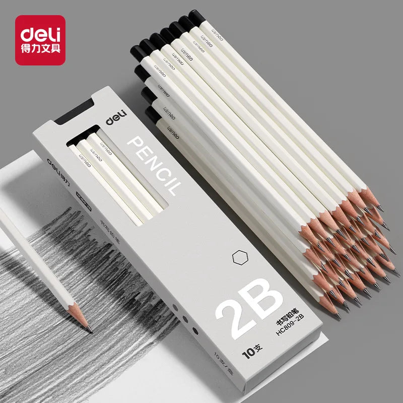Deli HC809 HB/2B White Hexagonal Pencil 10pcs/Set Safe and Non toxic Stationery Supplies,Suitable for Elementary School Students