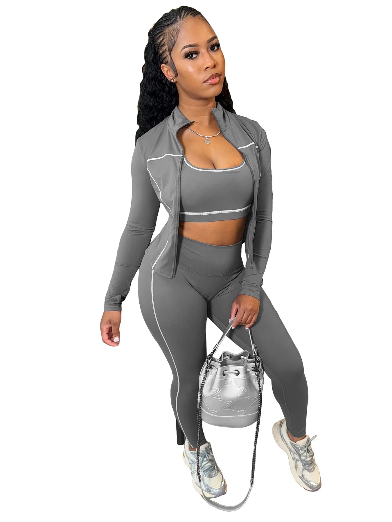 FLARORA Casual Sporty Three Piece Sets Woman Stripe Patchwork Sleeveless Vest+Jacket+Pant Outfits Female Yoga Fitness Tracksuits