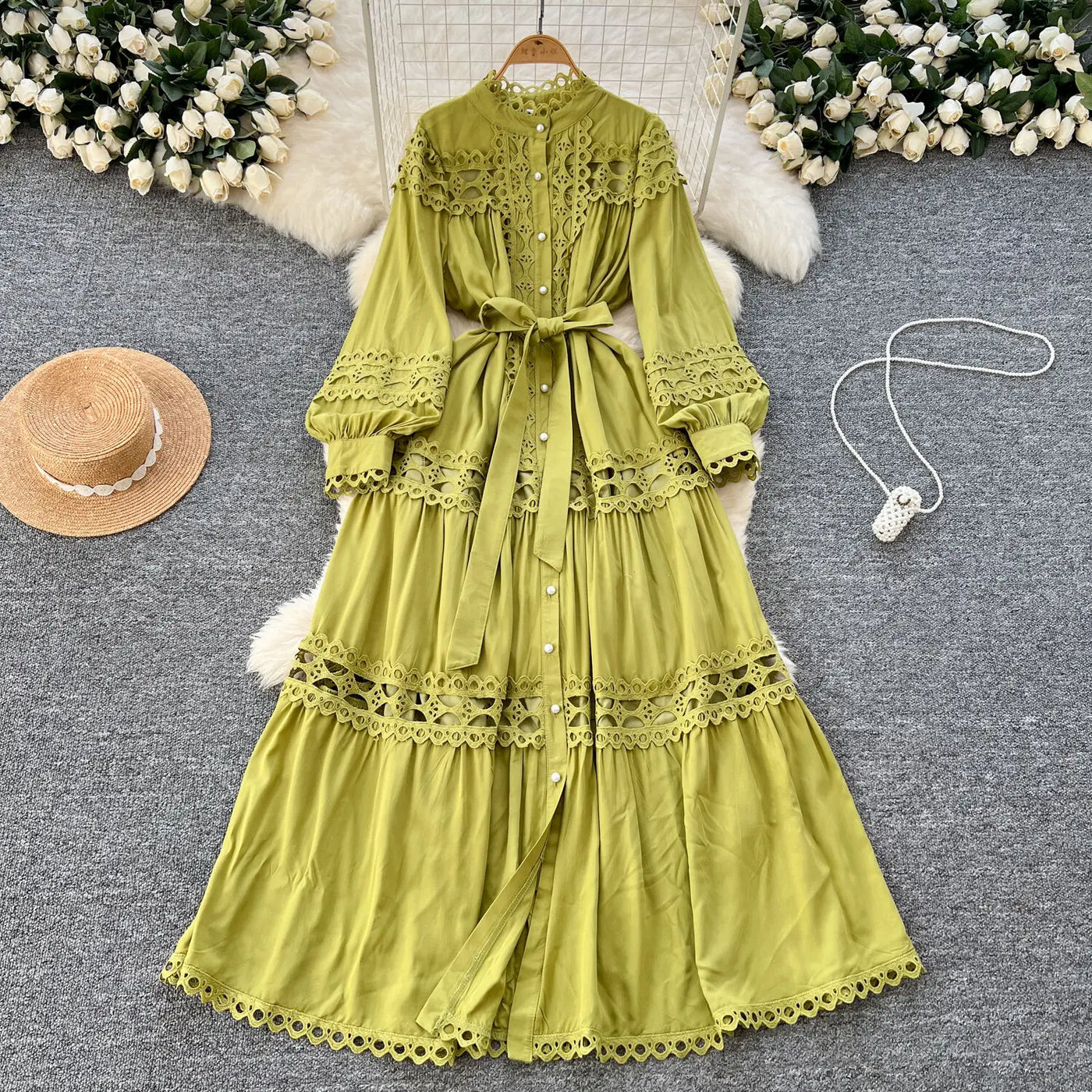 Elegant Long Maxi Hollow Out Dress Shirt Women Summer Autumn Palace Retro Pearl Button Embroidery Crochet Evening Party Vestidos