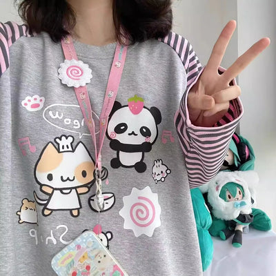 Y2k Harajuku Kawaii Striped Hoodie Women Japanese Fashion Patchwork Cartoon Print Sweatshirt Female Autumn 2023 New In