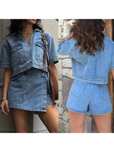 Women’s 2 Piece Denim Outfits Short Sleeve Lapel Jean Tops and Asymmetrical Shorts Set Streetwear