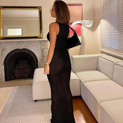 TARUXY Sexy See Through Sequins Maxi Dress For Women Beach Holiday Dress Sleeveless Elegant High Waist Bodycon Hot Girl Outfits