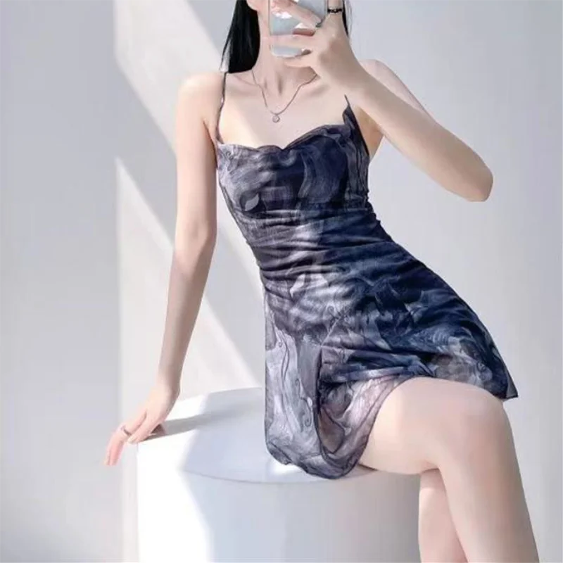 Women Print Mesh Mini Dress Streetwear Chic Sexy Backless Sleeveless Lace Up Cross Dresses A-line Vintage Holiday Y2k Clothing